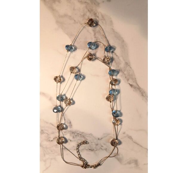 Elegant Silver-Tone Metal Layered Necklace with Chain Smoky and Blue Crystals - Picture 9 of 10